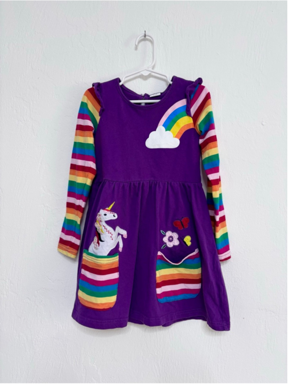 Girls Unbranded Casual Purple Rainbow Unicorn Dress 5 Cotton Embroidered